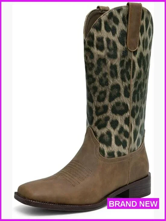 Leopard Print Western Boots Mid Calf Square Toe Chunky Heel Pull On - Picture 1 of 7